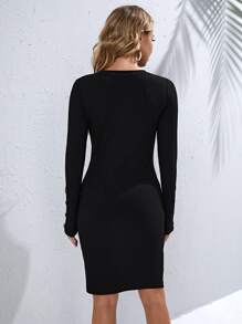 SHEIN 孕婦單排釦羅紋針織緊身洋裝 - 黑色 - 查看 3