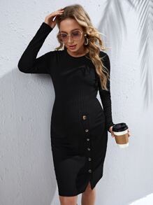 SHEIN 孕婦單排釦羅紋針織緊身洋裝 - 黑色 - 查看 1