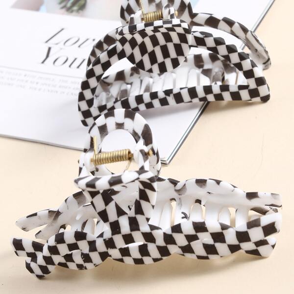 

2pcs Plaid Hair Claw, Black and white