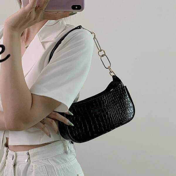 

Minimalist Croc Embossed Chain Baguette Bag, Black