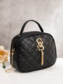 Bolso cartera con cadena guateado con diseño de fleco - Negro - Ver 2