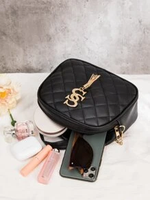 Bolso cartera con cadena guateado con diseño de fleco - Negro - Ver 4