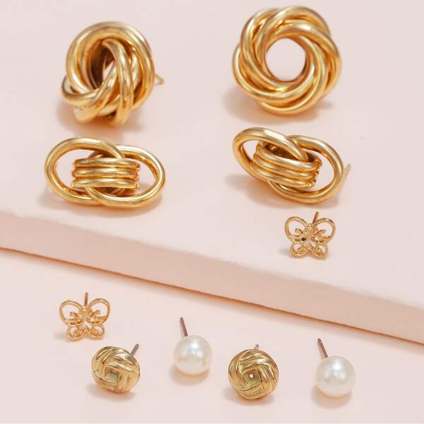 

5pairs Girls Butterfly & Faux Pearl Decor Earrings, Gold