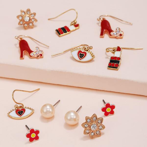 

6pairs Rhinestone Lipstick Decor Earrings, Red