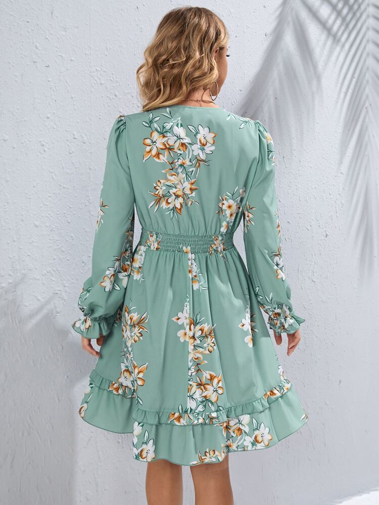 Maternity Floral Print Shirred Tie Front Flounce Sleeve Ruffle Hem Dress