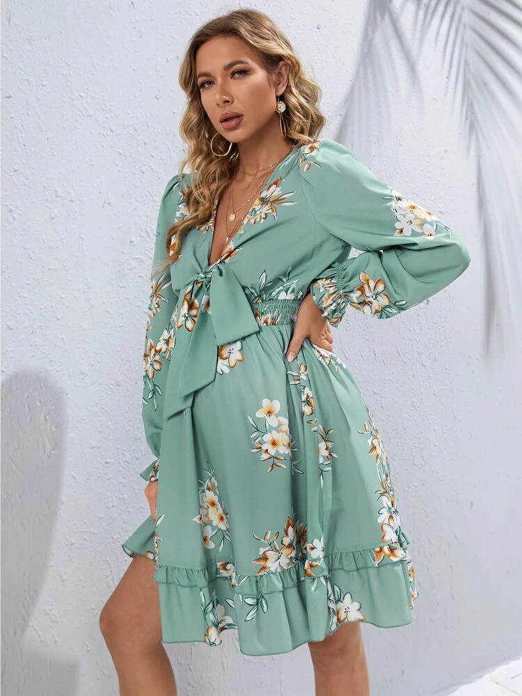 Maternity Floral Print Shirred Tie Front Flounce Sleeve Ruffle Hem Dress