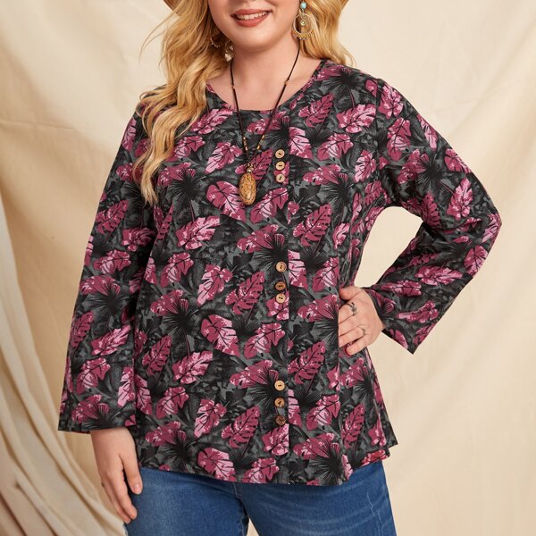 

Plus Leaves Print Blouse, Multicolor