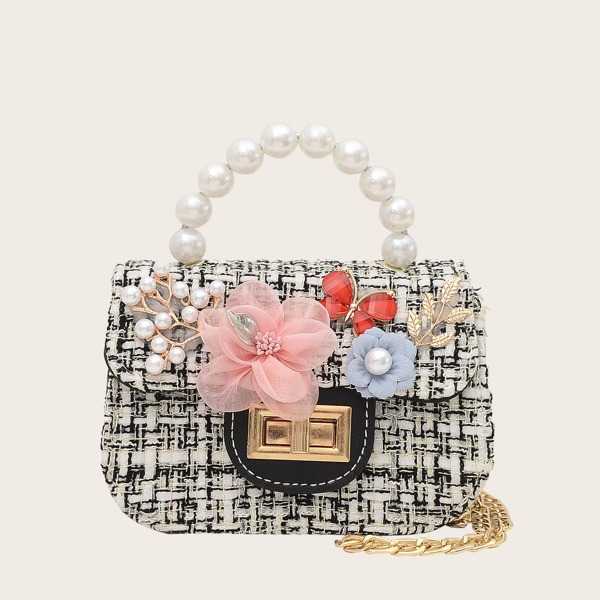 

Girls Floral & Faux Pearl Decor Satchel Bag, Black and white