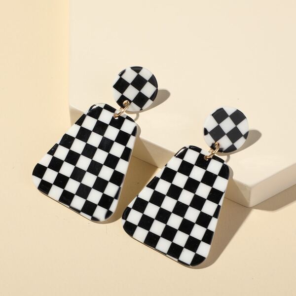 

Plaid Geometric Drop Earrings, Black and white