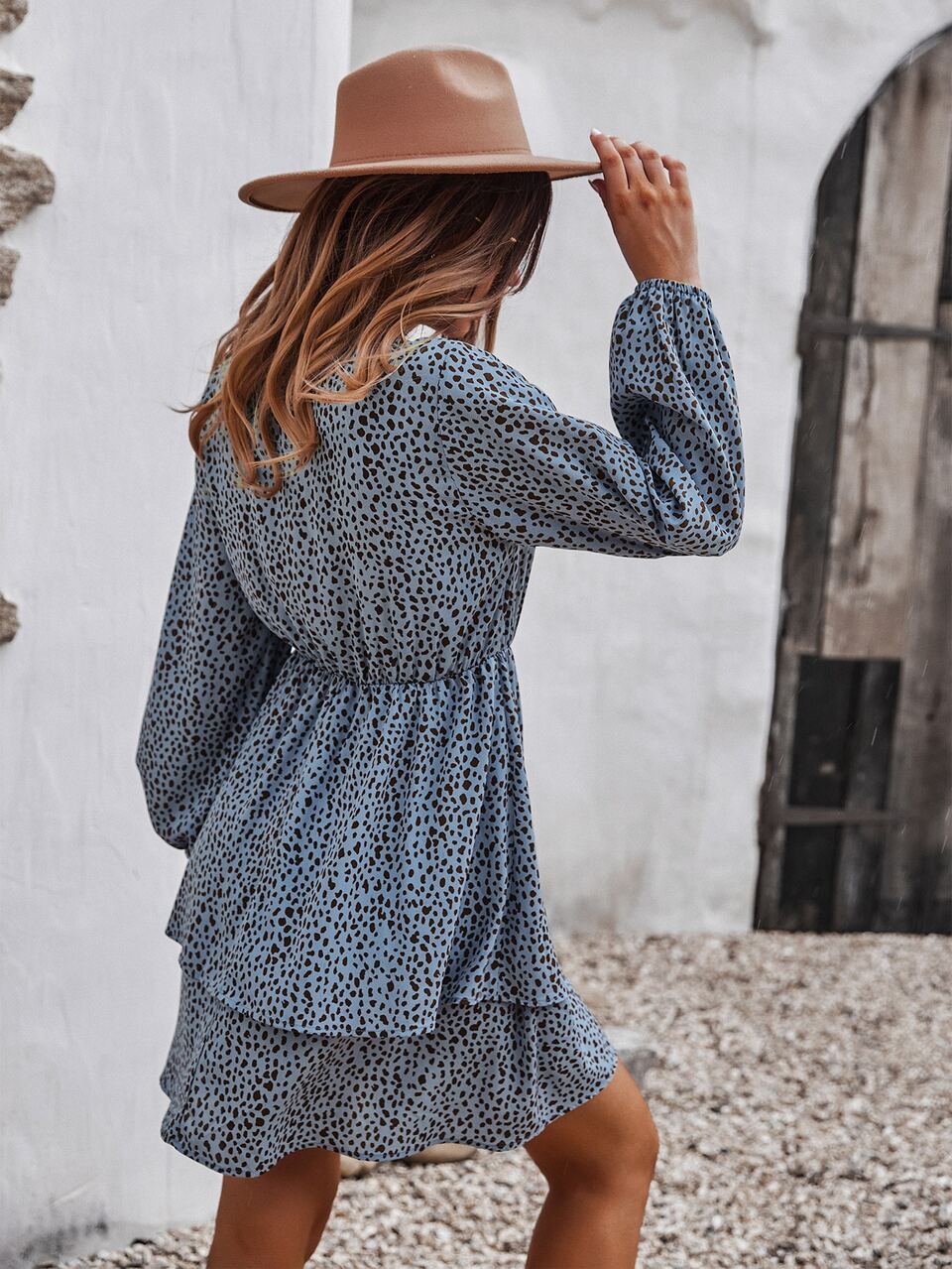 Dalmatian Print Tie Neck Lantern Sleeve Layered Hem Dress