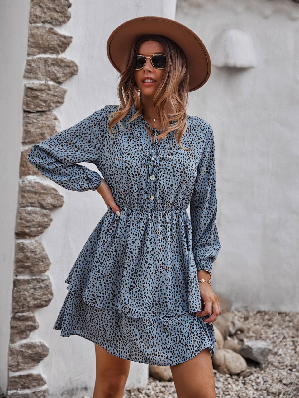 Dalmatian Print Tie Neck Lantern Sleeve Layered Hem Dress