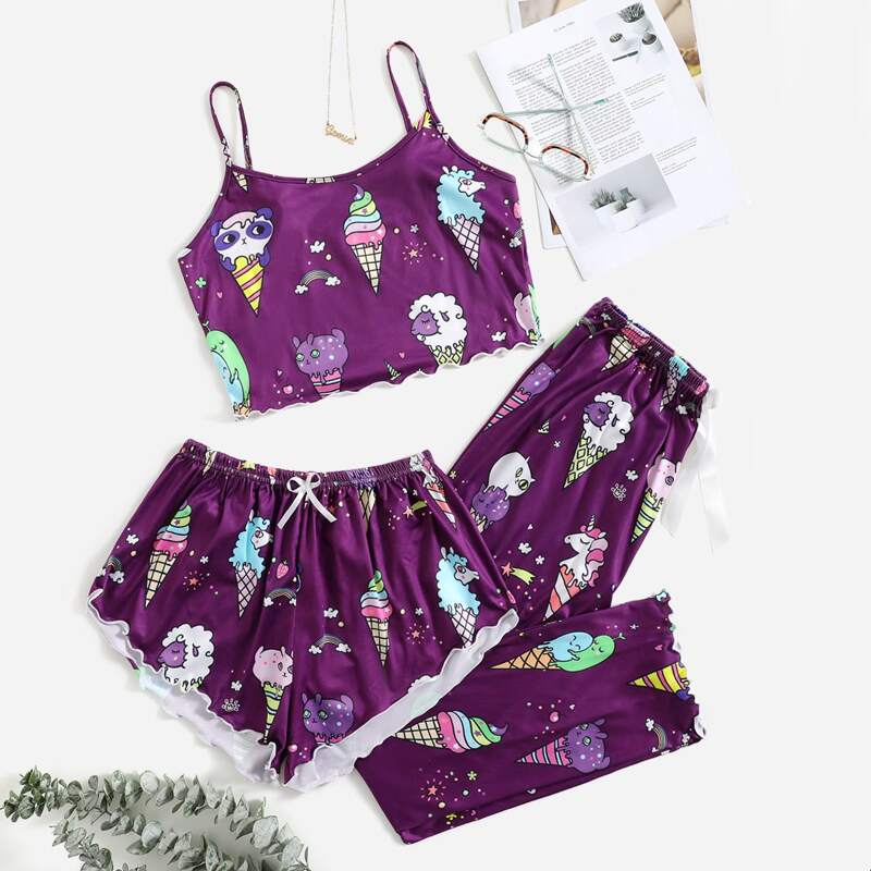 

3pcs Cartoon Animal & Rainbow Print Lettuce Trim PJ Set, Multicolor