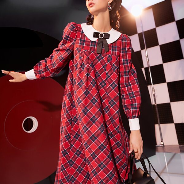 

Tartan Bow Front Peter-pan Collar Bishop Sleeve Dress, Multicolor