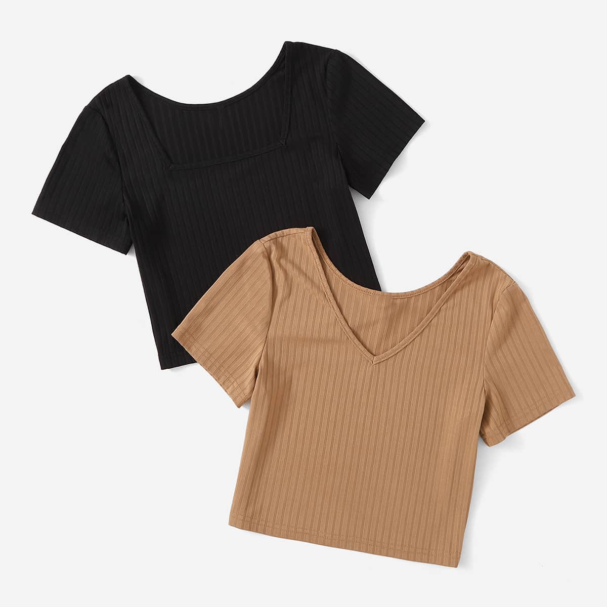 

2pcs Solid Rib-Knit Tee, Multicolor