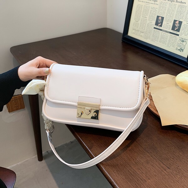 

Minimalist Metal Lock Flap Shoulder Bag, White