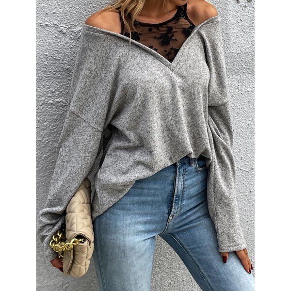 

Solid Contrast Lace Batwing Sleeve Tee, Grey