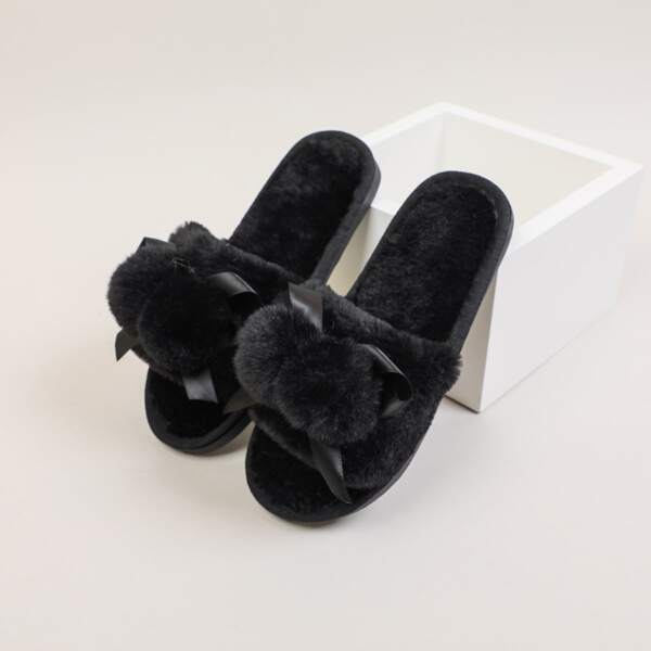 

Solid Pom Pom Decor Fluffy Home Slippers, Black