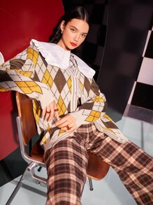 Mulvari Peter Pan Collar Argyle Pattern Cardigan - Multicolor - View 1