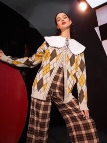 Mulvari Peter Pan Collar Argyle Pattern Cardigan - Multicolor - View 6
