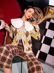 Mulvari Peter Pan Collar Argyle Pattern Cardigan - Multicolor - View 7