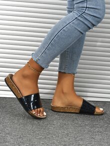 Glitter Wide Fit Flat Sandals - Black - View 5