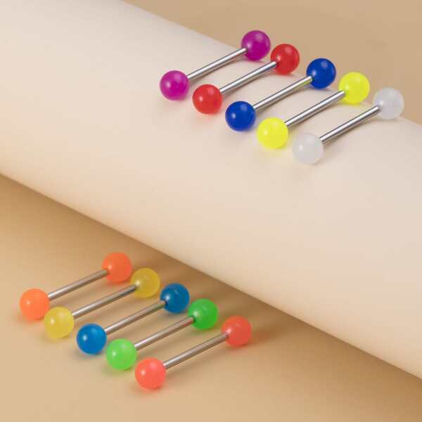

10pcs Round Ball Decor Tongue Barbell Ring, Multicolor