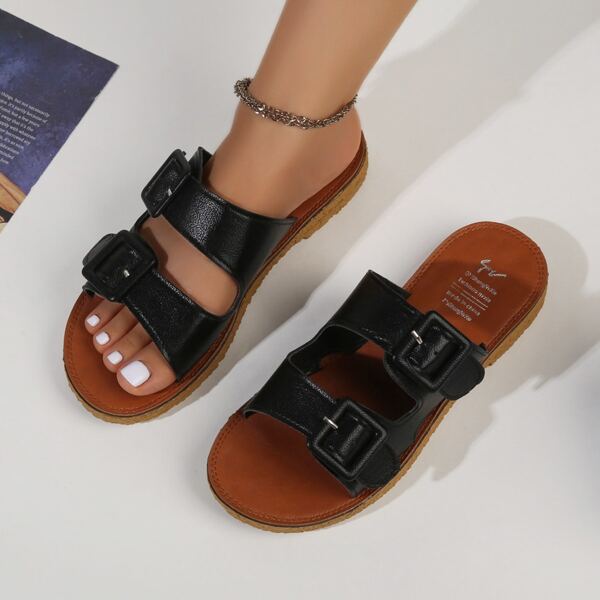 

Minimalist Buckle Decor Slide Sandals, Black