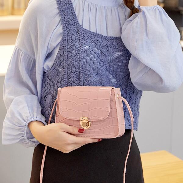 

Minimalist Croc Embossed Push Lock Crossbody Bag, Pink