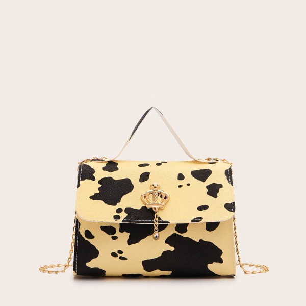 

Cow Print Metal Decor Chain Satchel Bag, Multicolor