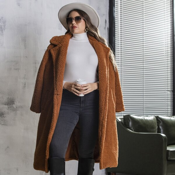 

Plus Lapel Neck Slant Pocket Single Button Fleece Coat, Brown