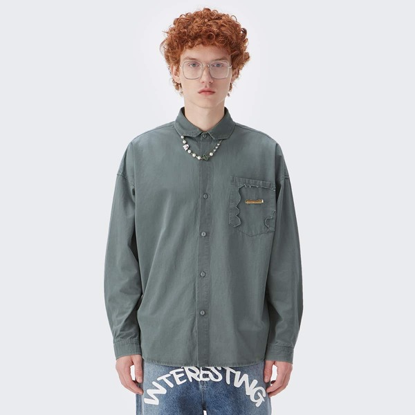

Men Metal Detail Button Up Shirt, Dusty blue