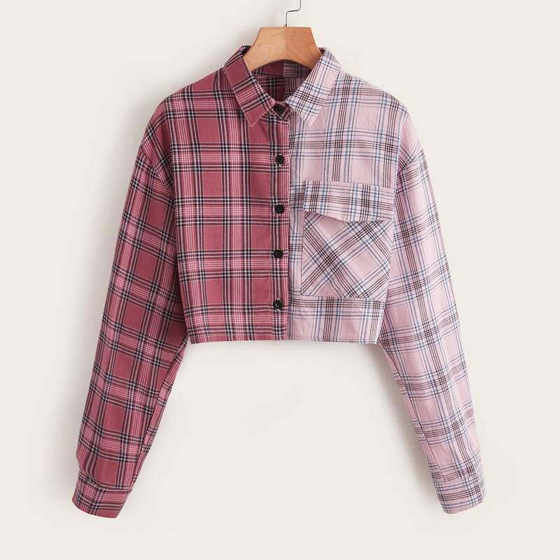 

Colorblock Plaid Print Button Front Blouse, Multicolor