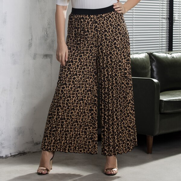 

Plus Leopard Print Pleated Wide Leg Pants, Multicolor
