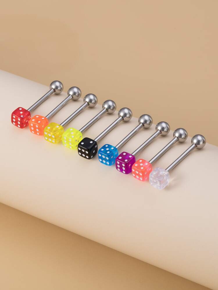 9pcs Dice Decor Tongue Barbell Ring - Multicolor - View 1