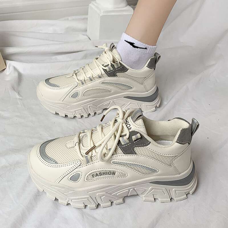 

Lace-up Front Mesh Panel Chunky Sneakers, Grey