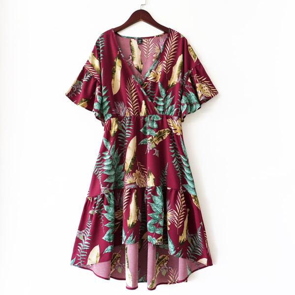 

Plus Tropical Print Wrap A-line Dress, Multicolor
