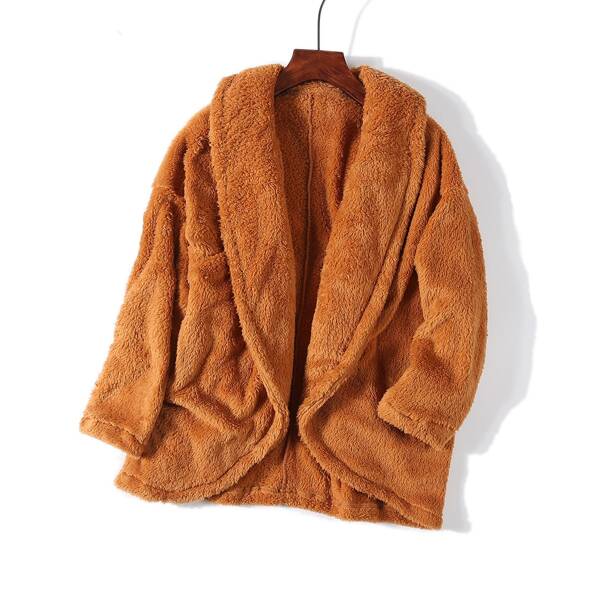 

Plus Shawl Collar Drop Shoulder Flannel Coat, Camel