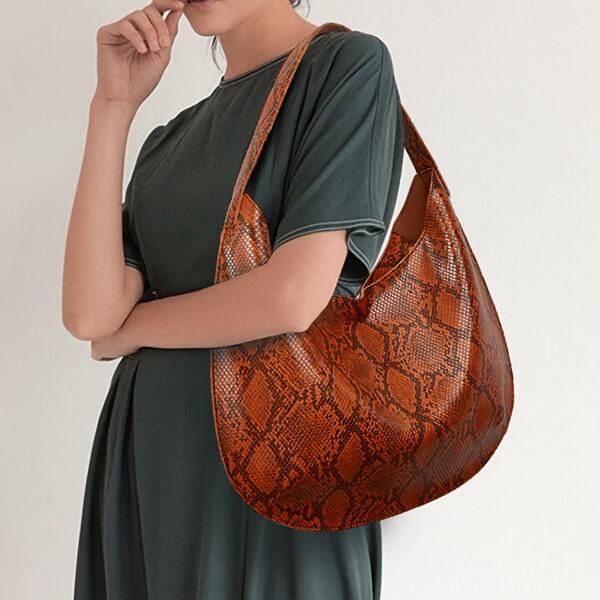 

Snakeskin Pattern Shoulder Tote Bag, Brown