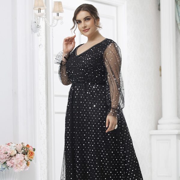 

Plus Contrast Tape Flounce Sleeve Dobby Mesh Dress, Black