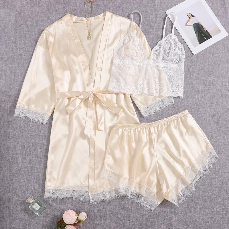 

3pack Plus Floral Lace Satin Lingerie Set With Robe, Apricot