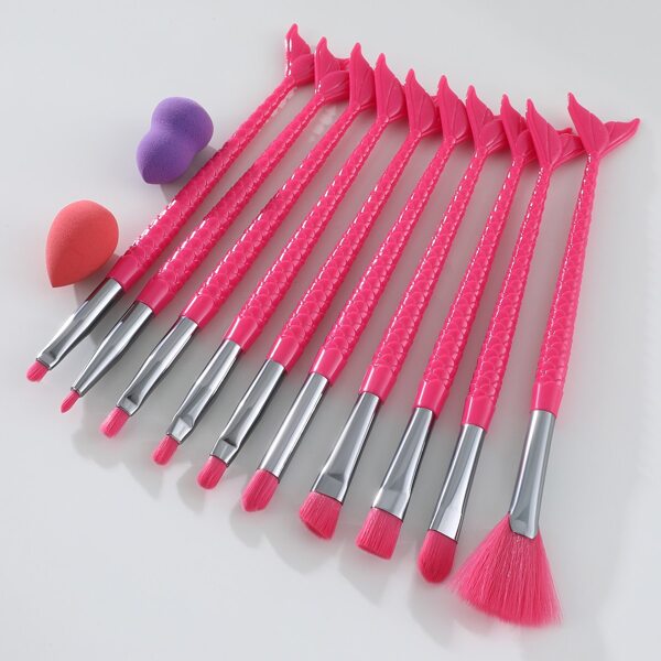 

10pcs Fish Tail Design Makeup Brush & 2pcs Makeup Sponge, Hot pink