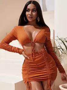SHEIN SXY Plunging Neck Ruched Sleeve Cut Out Double Drawstring Bodycon Dress - Burnt Orange - View 1