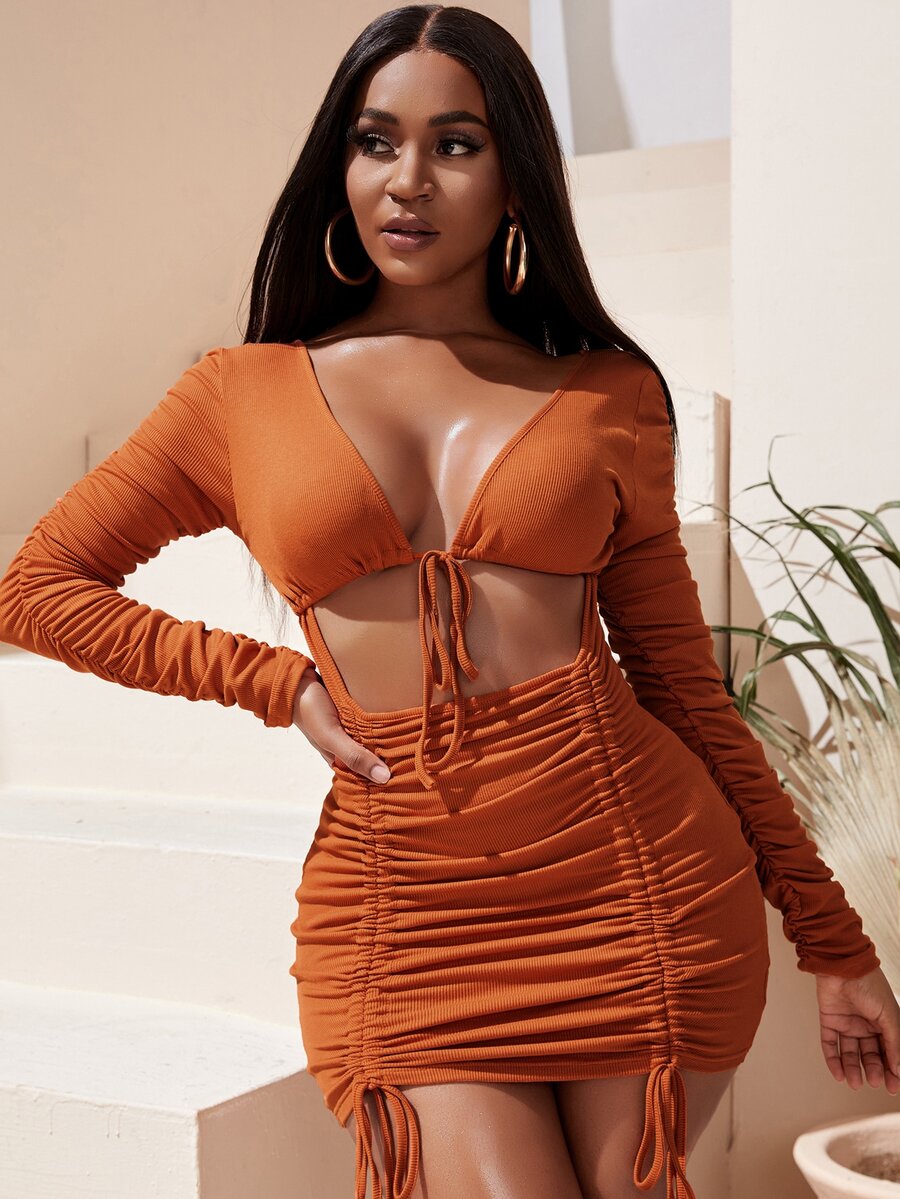 SHEIN SXY Plunging Neck Ruched Sleeve Cut Out Double Drawstring Bodycon Dress - Burnt Orange - View 1