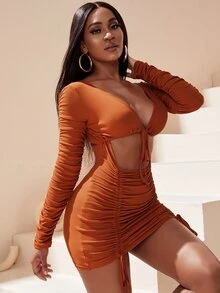 SHEIN SXY Plunging Neck Ruched Sleeve Cut Out Double Drawstring Bodycon Dress - Burnt Orange - View 5