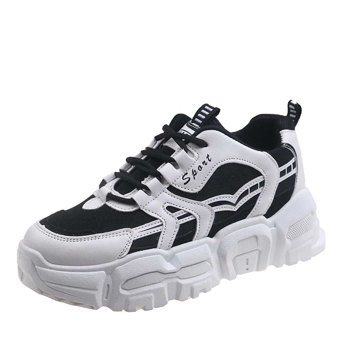 

Lace-up Front Letter Graphic Chunky Sneakers, Black and white