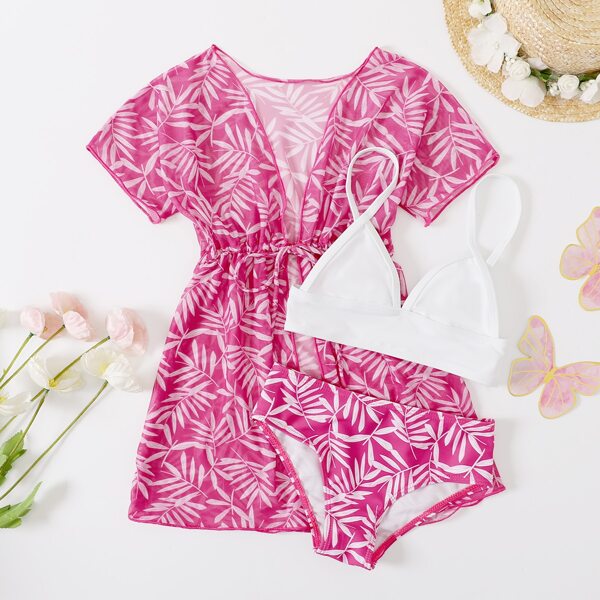 

3pack Toddler Girls Plant Print Bikini Swimsuit & Kimono, Pink