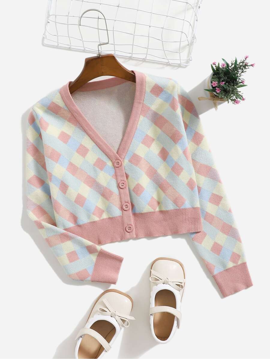 SHEIN Girls Colourblock Argyle Pattern Contrast Trim Cardigan - Multicolor - View 1