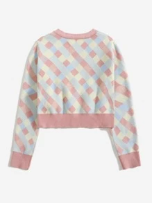 SHEIN Girls Colourblock Argyle Pattern Contrast Trim Cardigan - Multicolor - View 2