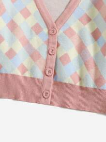 SHEIN Girls Colourblock Argyle Pattern Contrast Trim Cardigan - Multicolor - View 3