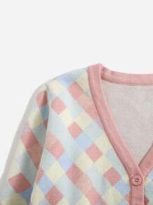 SHEIN Girls Colourblock Argyle Pattern Contrast Trim Cardigan - Multicolor - View 4